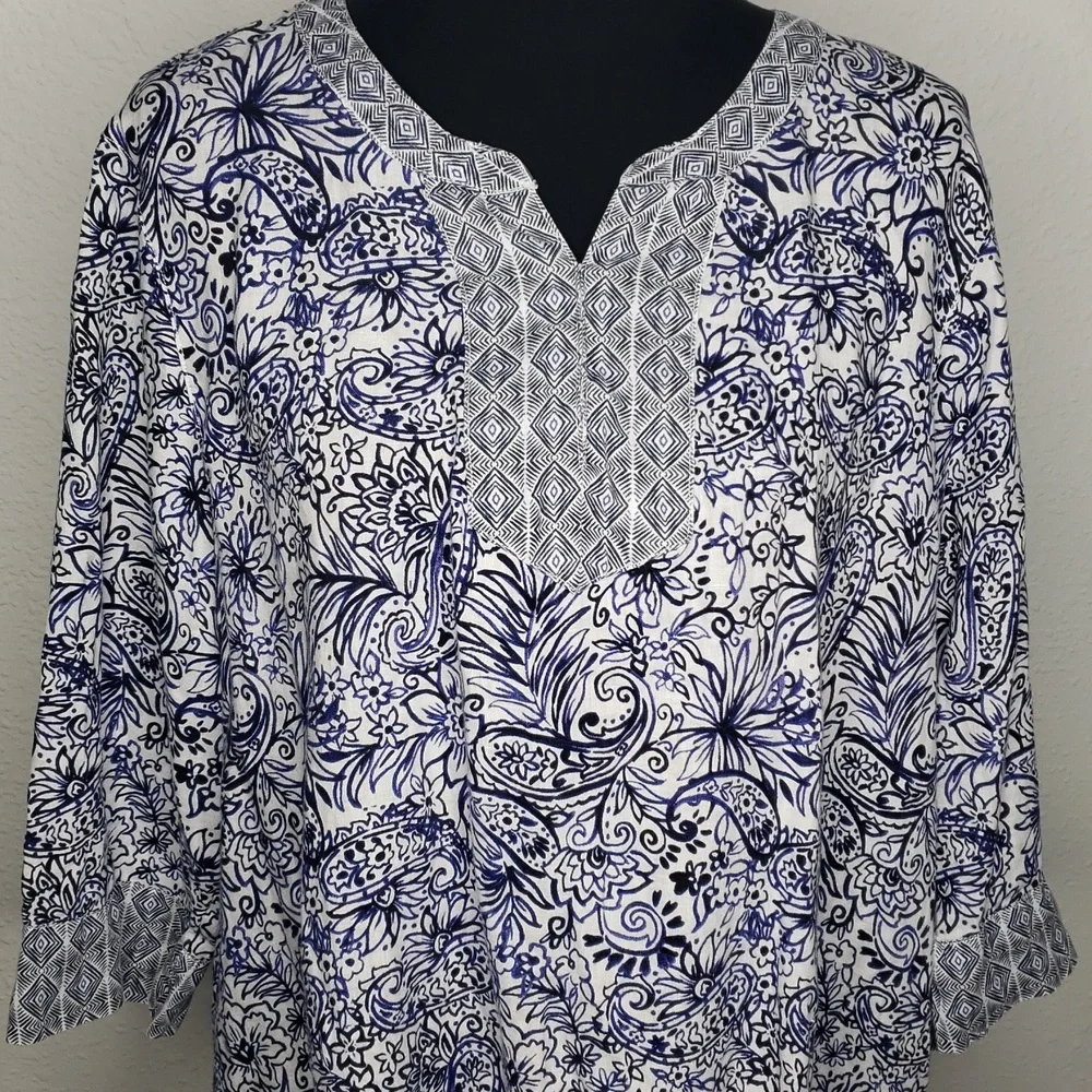 Sigrid Olsen Women 100% Linen Floral Boho 3/4 Sleeves Tunic Top Size 1X Coastal - Picture 2 of 14